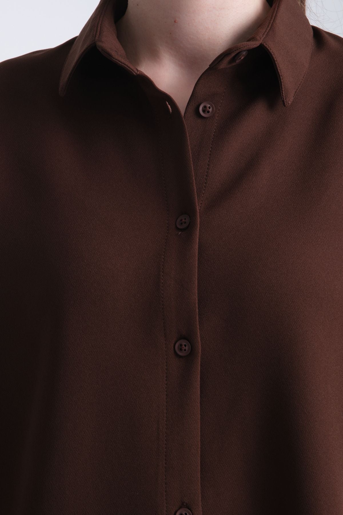Pure Oversize Iç Göstermeyen Uzun Basic Kadın Gömlek Kahverengi