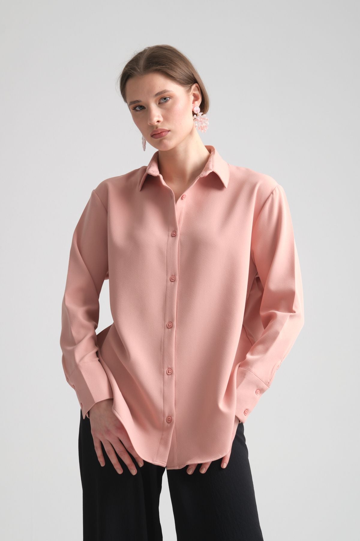 Pure Oversize Iç Göstermeyen Uzun Basic Kadın Gömlek Pembe