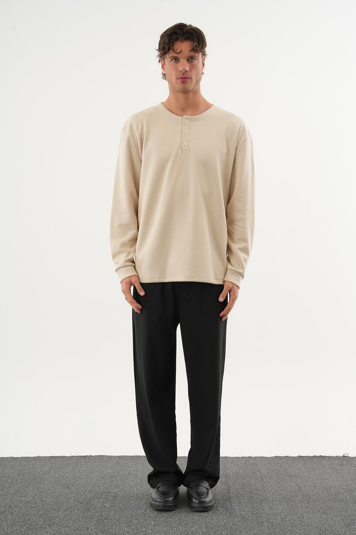 TAREN Oversize Erkek Kışlık Düğmeli Sweatshirt Bej