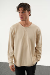 TAREN Oversize Erkek Kışlık Düğmeli Sweatshirt Bej