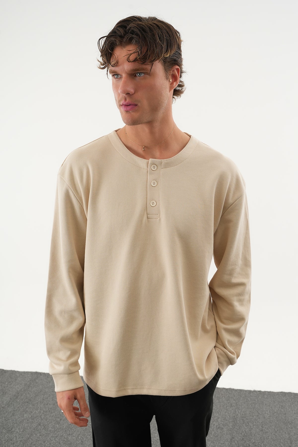 TAREN Oversize Erkek Kışlık Düğmeli Sweatshirt Bej