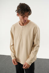 TAREN Oversize Erkek Kışlık Düğmeli Sweatshirt Bej