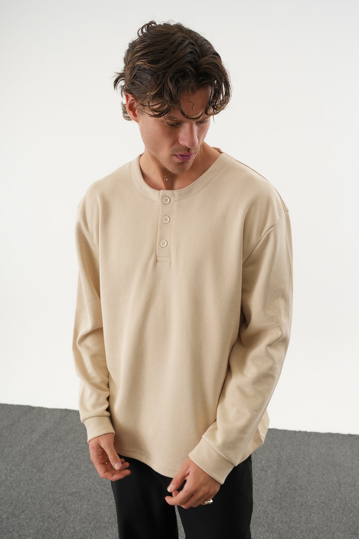 TAREN Oversize Erkek Kışlık Düğmeli Sweatshirt Bej