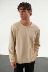 TAREN Oversize Erkek Kışlık Düğmeli Sweatshirt Bej