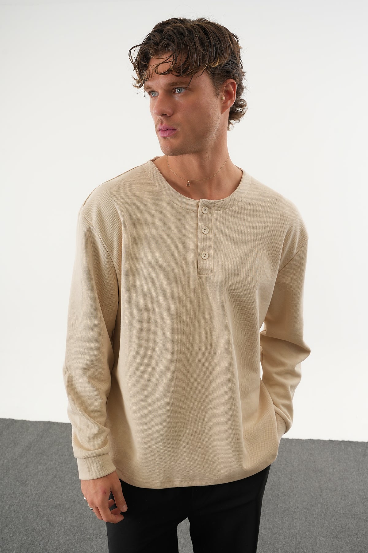 TAREN Oversize Erkek Kışlık Düğmeli Sweatshirt Bej