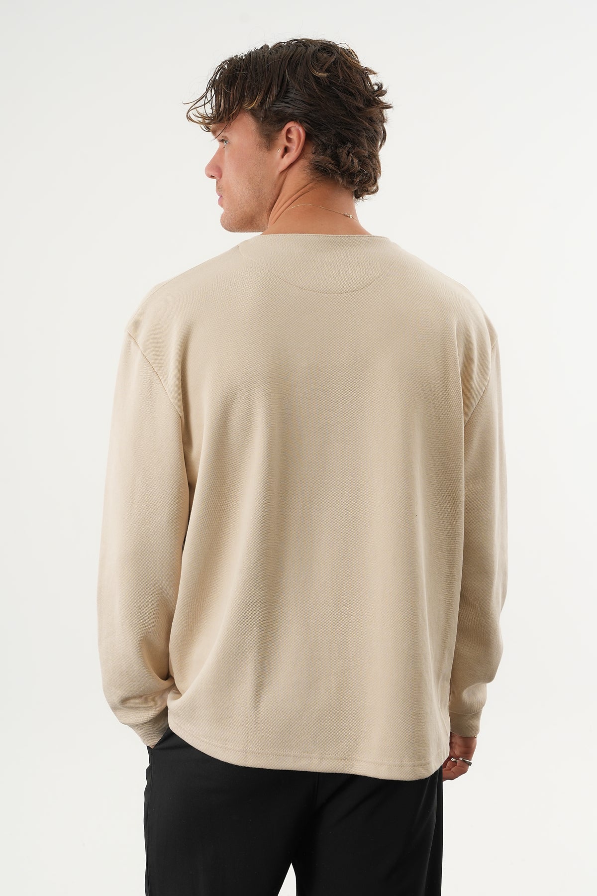 TAREN Oversize Erkek Kışlık Düğmeli Sweatshirt Bej