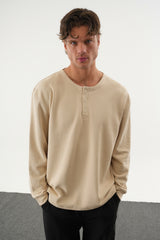 TAREN Oversize Erkek Kışlık Düğmeli Sweatshirt Bej