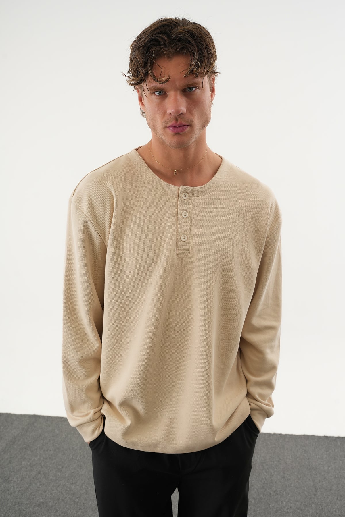 TAREN Oversize Erkek Kışlık Düğmeli Sweatshirt Bej