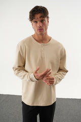 TAREN Oversize Erkek Kışlık Düğmeli Sweatshirt Bej
