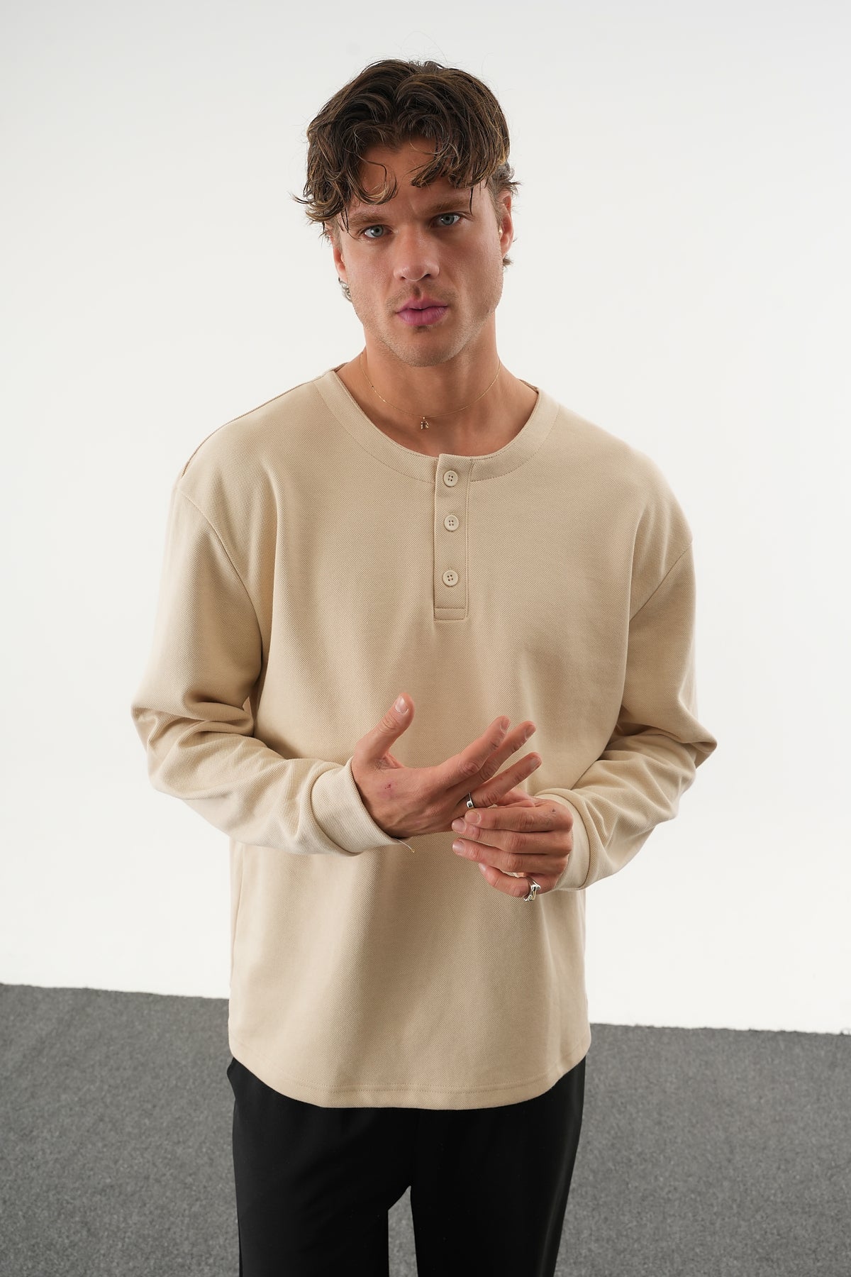 TAREN Oversize Erkek Kışlık Düğmeli Sweatshirt Bej