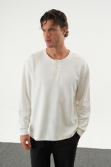 TAREN Oversize Erkek Kışlık Düğmeli Sweatshirt Beyaz