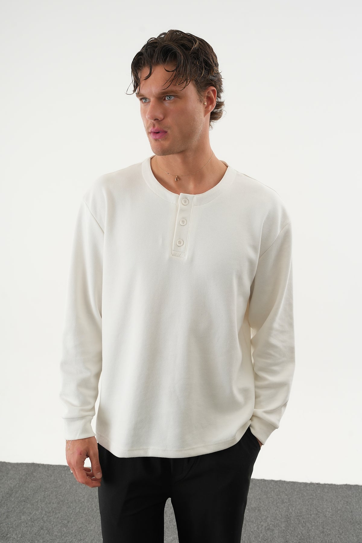 TAREN Oversize Erkek Kışlık Düğmeli Sweatshirt Beyaz