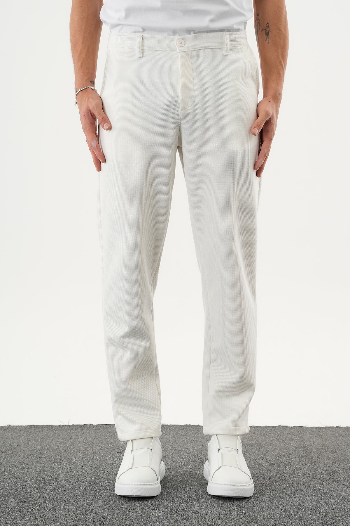 ARDEN Kışlık Kalın Slim Fit Kemerli Erkek Pantolon Beyaz