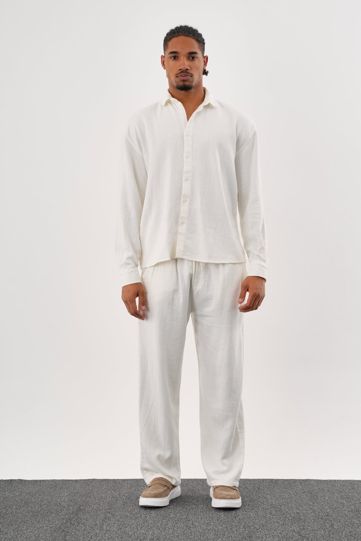 Flare Kışlık Baggy Pantolon Oversize Gömlek Alt üst Takım %100 Pamuk Beyaz