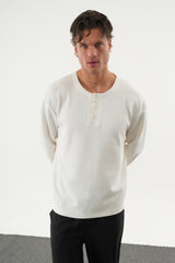 TAREN Oversize Erkek Kışlık Düğmeli Sweatshirt Beyaz
