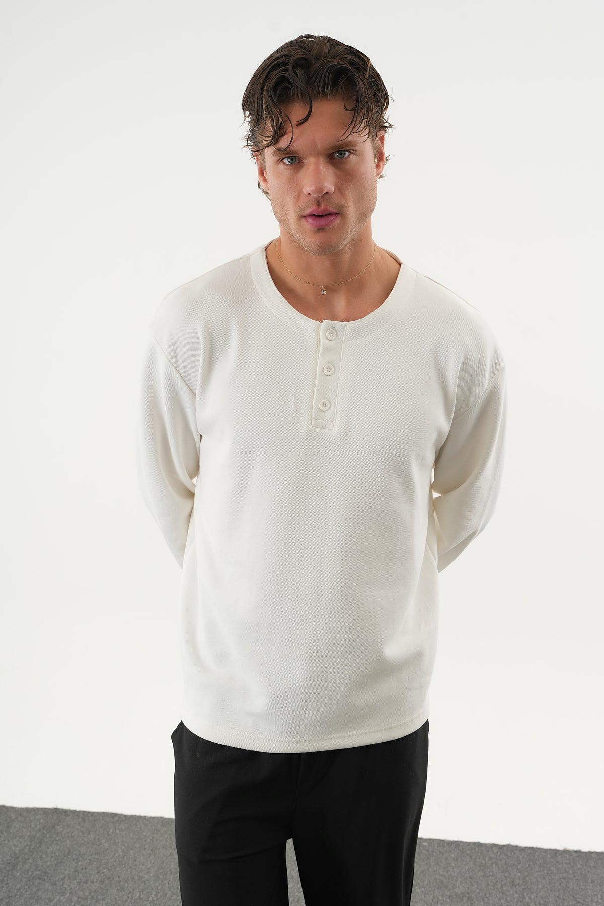 TAREN Oversize Erkek Kışlık Düğmeli Sweatshirt Beyaz