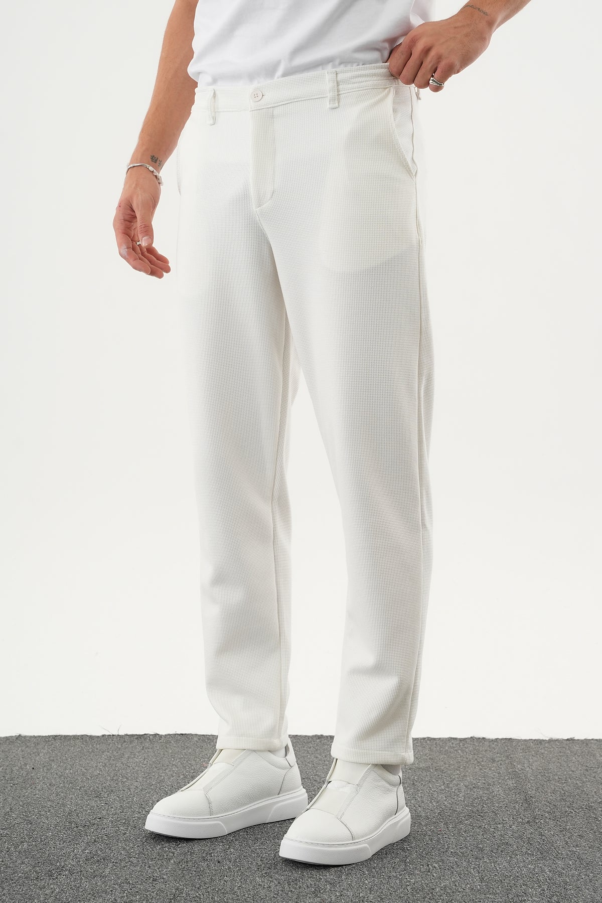 ARDEN Kışlık Kalın Slim Fit Kemerli Erkek Pantolon Beyaz