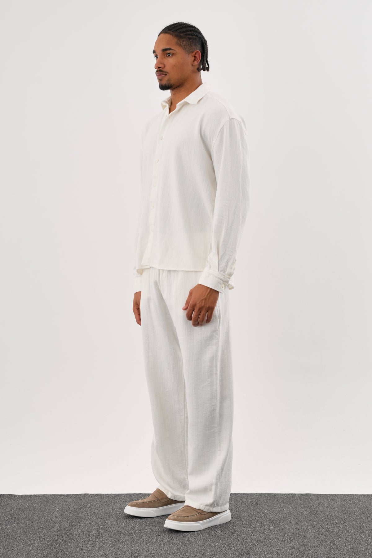 Flare Kışlık Baggy Pantolon Oversize Gömlek Alt üst Takım %100 Pamuk Beyaz