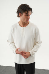 TAREN Oversize Erkek Kışlık Düğmeli Sweatshirt Beyaz