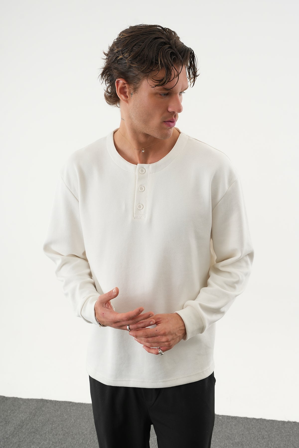 TAREN Oversize Erkek Kışlık Düğmeli Sweatshirt Beyaz