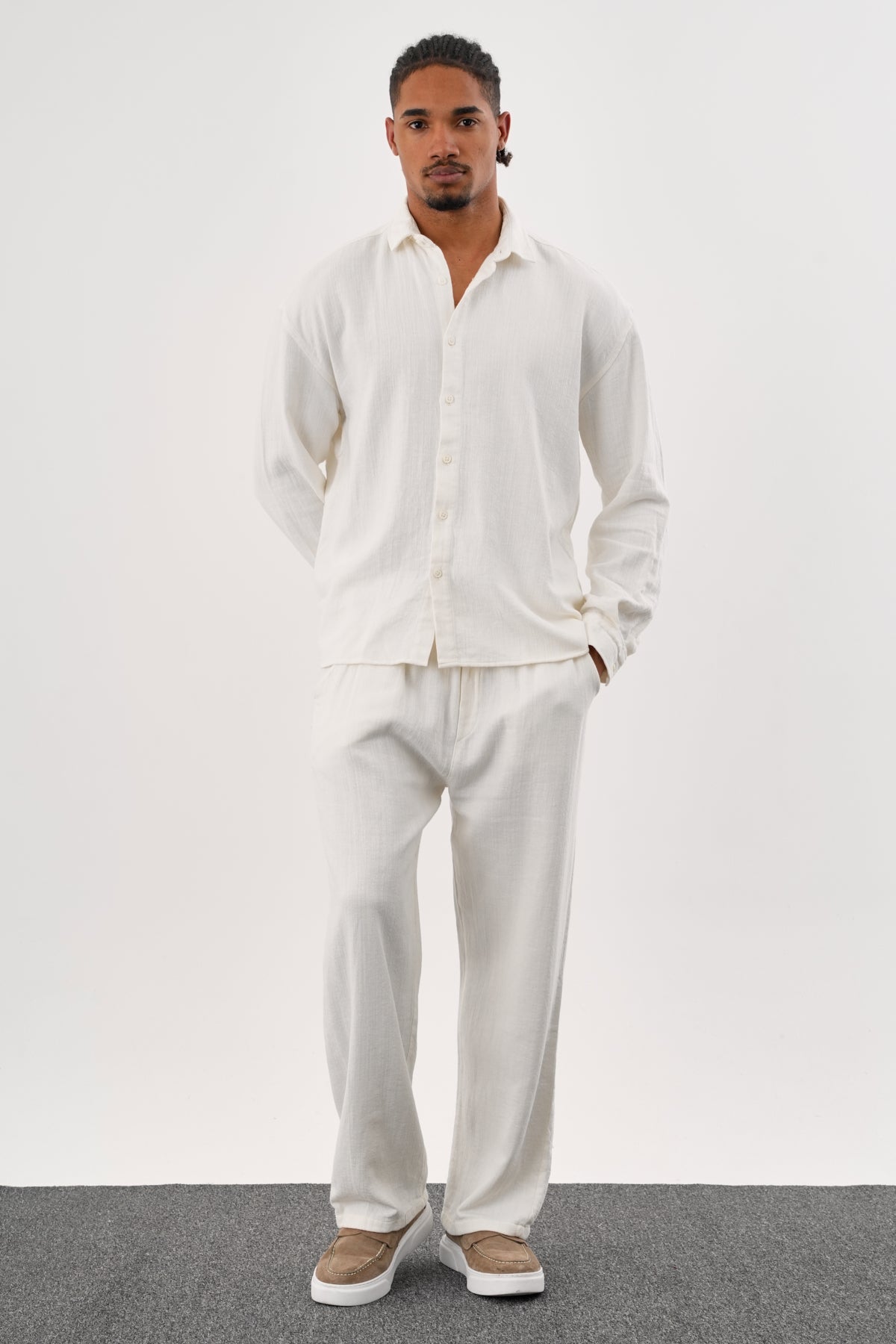 Flare Kışlık Baggy Pantolon Oversize Gömlek Alt üst Takım %100 Pamuk Beyaz