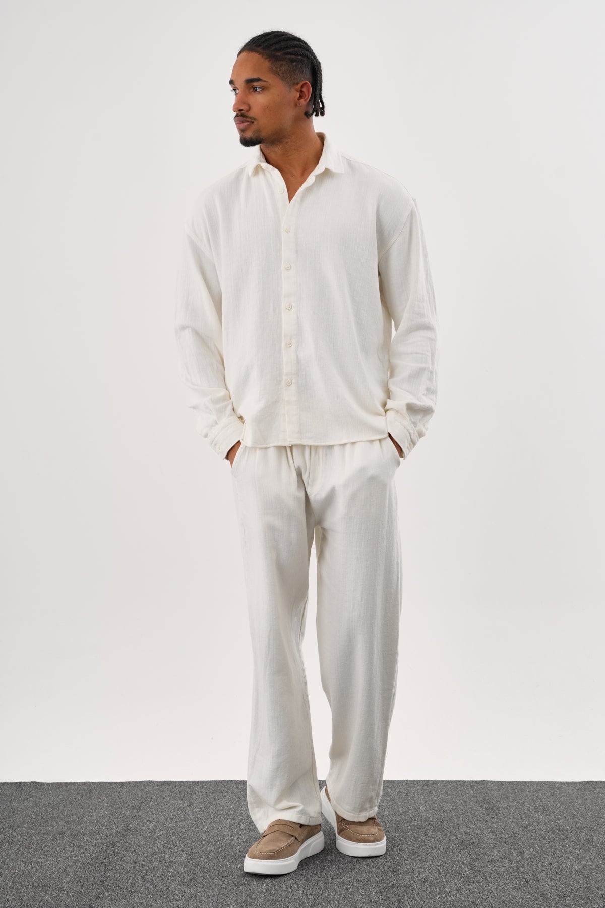 Flare Kışlık Baggy Pantolon Oversize Gömlek Alt üst Takım %100 Pamuk Beyaz