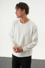 TAREN Oversize Erkek Kışlık Düğmeli Sweatshirt Beyaz