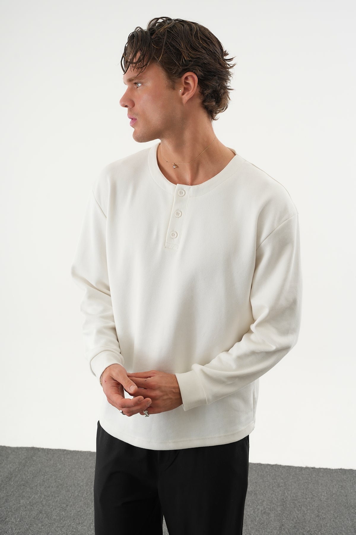 TAREN Oversize Erkek Kışlık Düğmeli Sweatshirt Beyaz