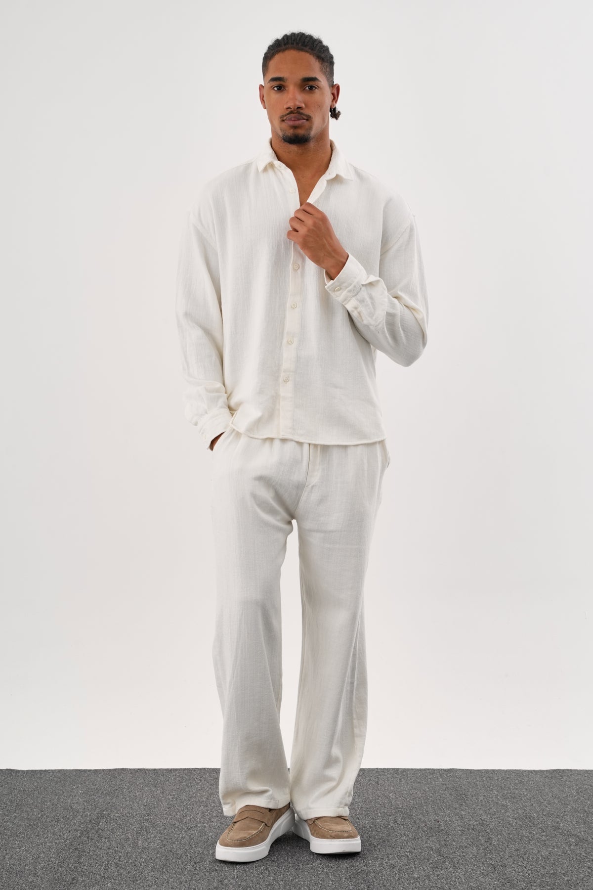 Flare Kışlık Baggy Pantolon Oversize Gömlek Alt üst Takım %100 Pamuk Beyaz