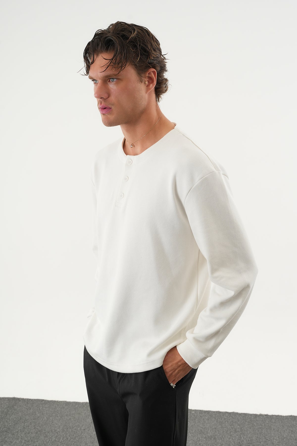 TAREN Oversize Erkek Kışlık Düğmeli Sweatshirt Beyaz