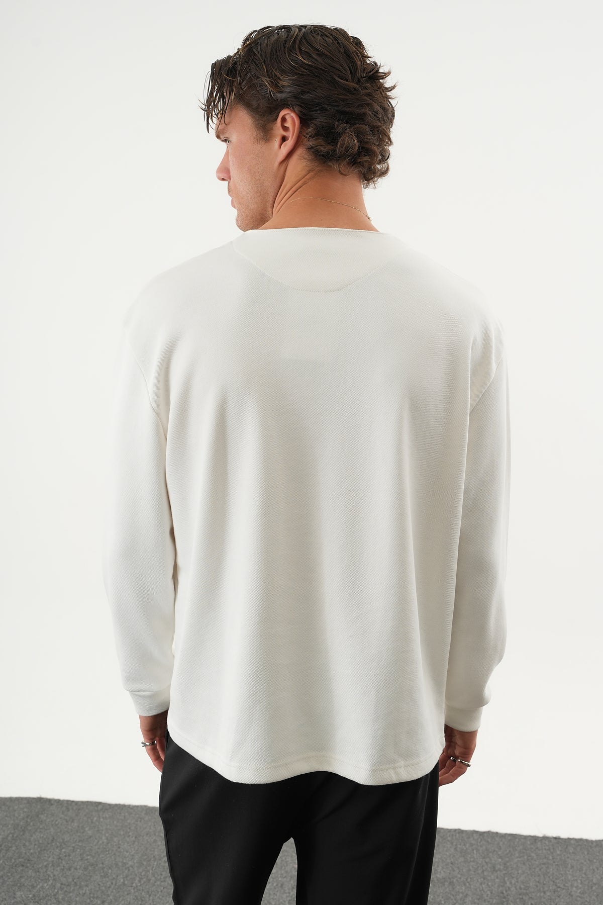 TAREN Oversize Erkek Kışlık Düğmeli Sweatshirt Beyaz