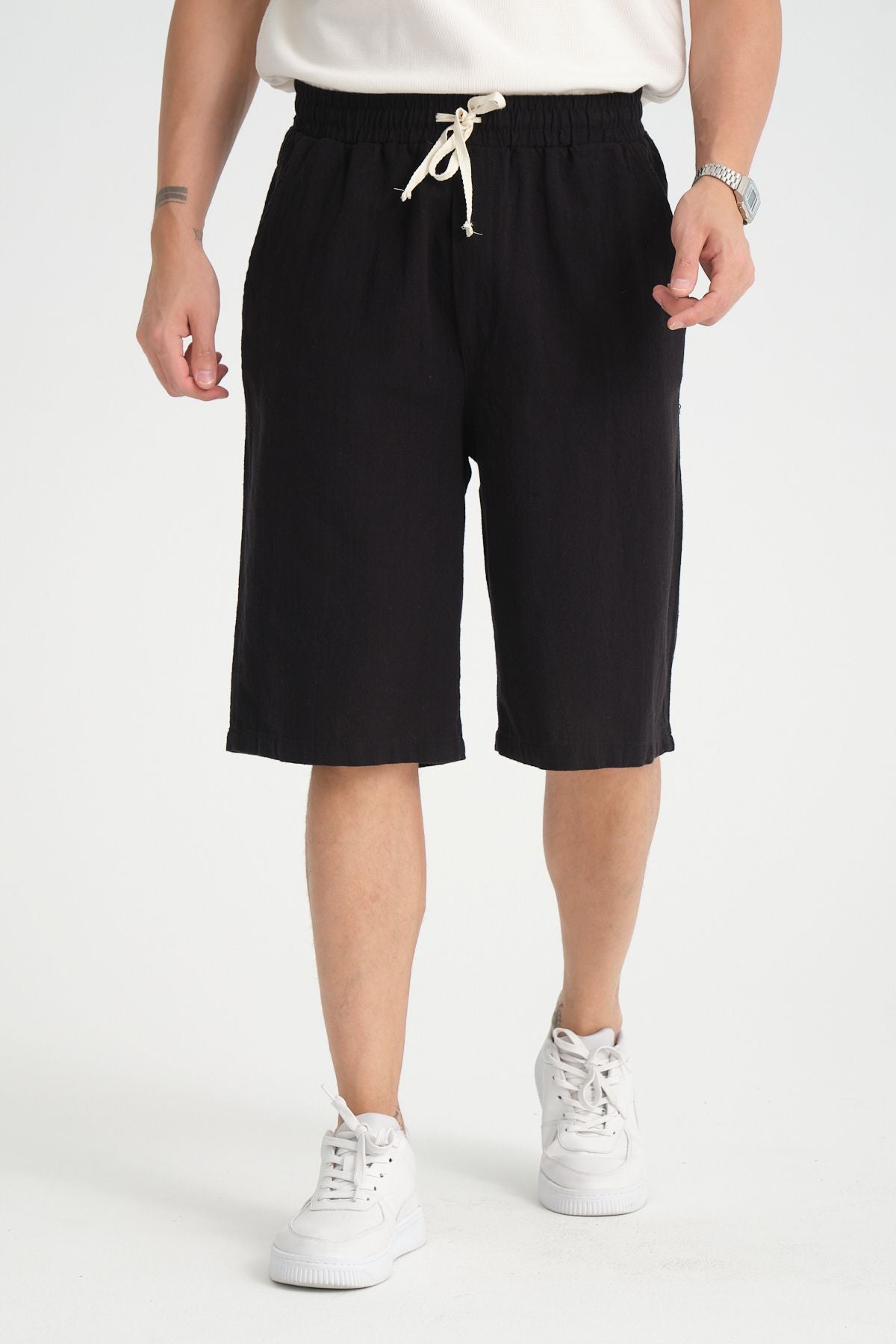 Erkek Baggy Fit Rahat Kesim %100 Pamuk Yumuşak Dokulu Şort Kapri Siyah