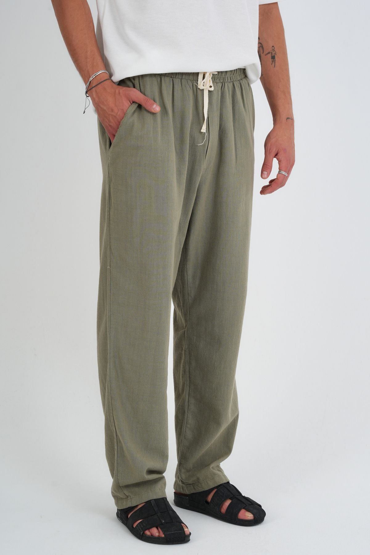 Comforted Erkek Baggy Keten Rahat Pantolon Bol Paça Yeni Sezon Haki