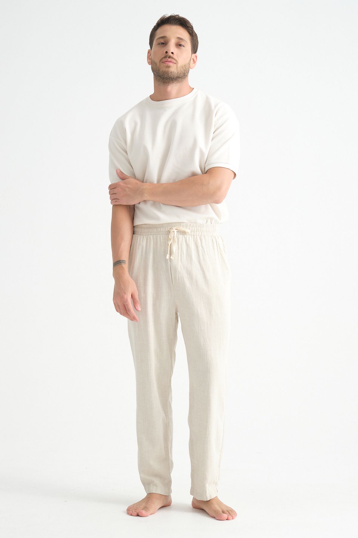 Luxe Erkek Baggy Keten Karışımı Rahat Pantolon Bol Paça Yeni Sezon BEJ