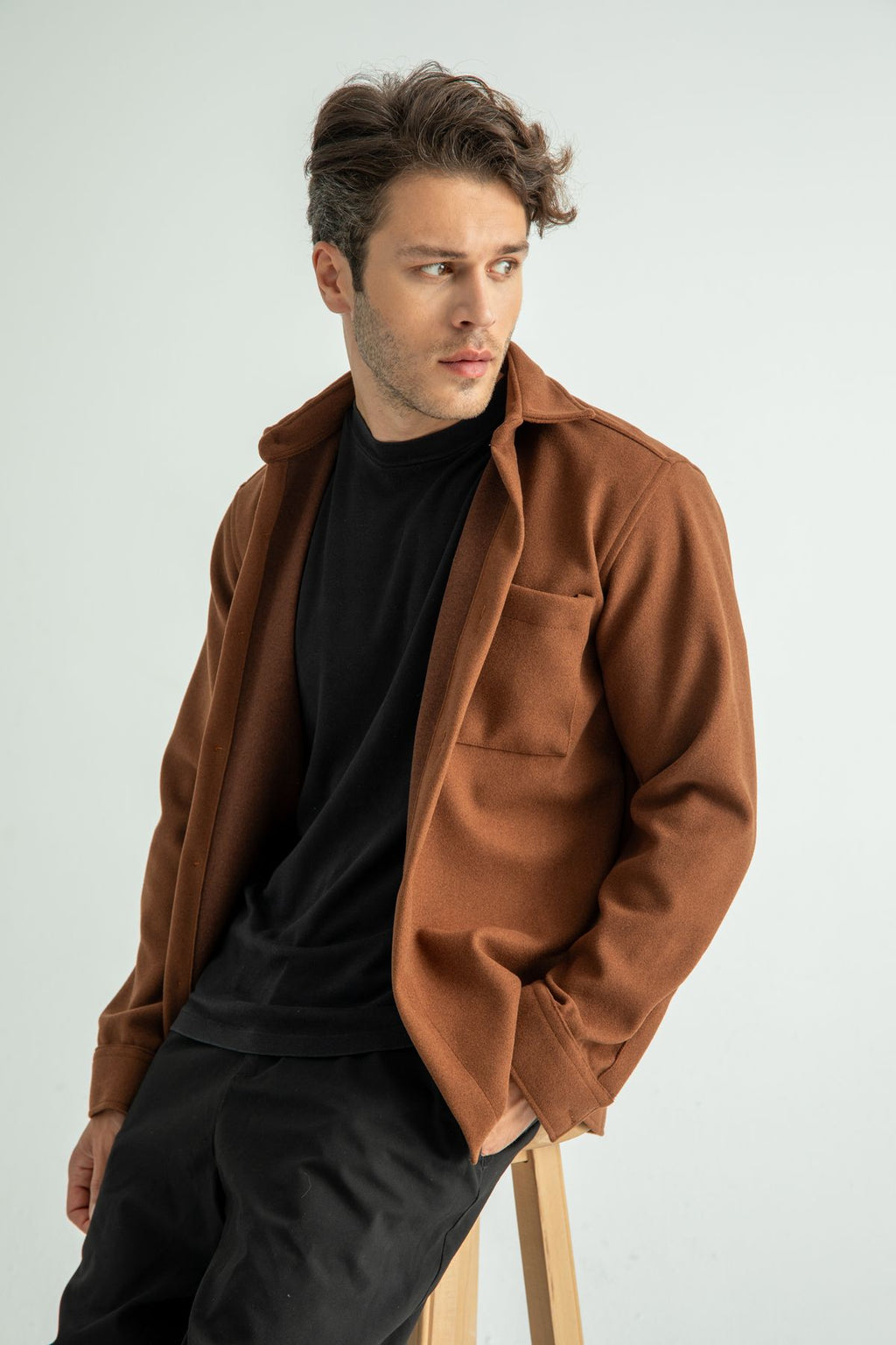 Erkek Regular Fit Kışlık Kaşe Gömlek Kahve