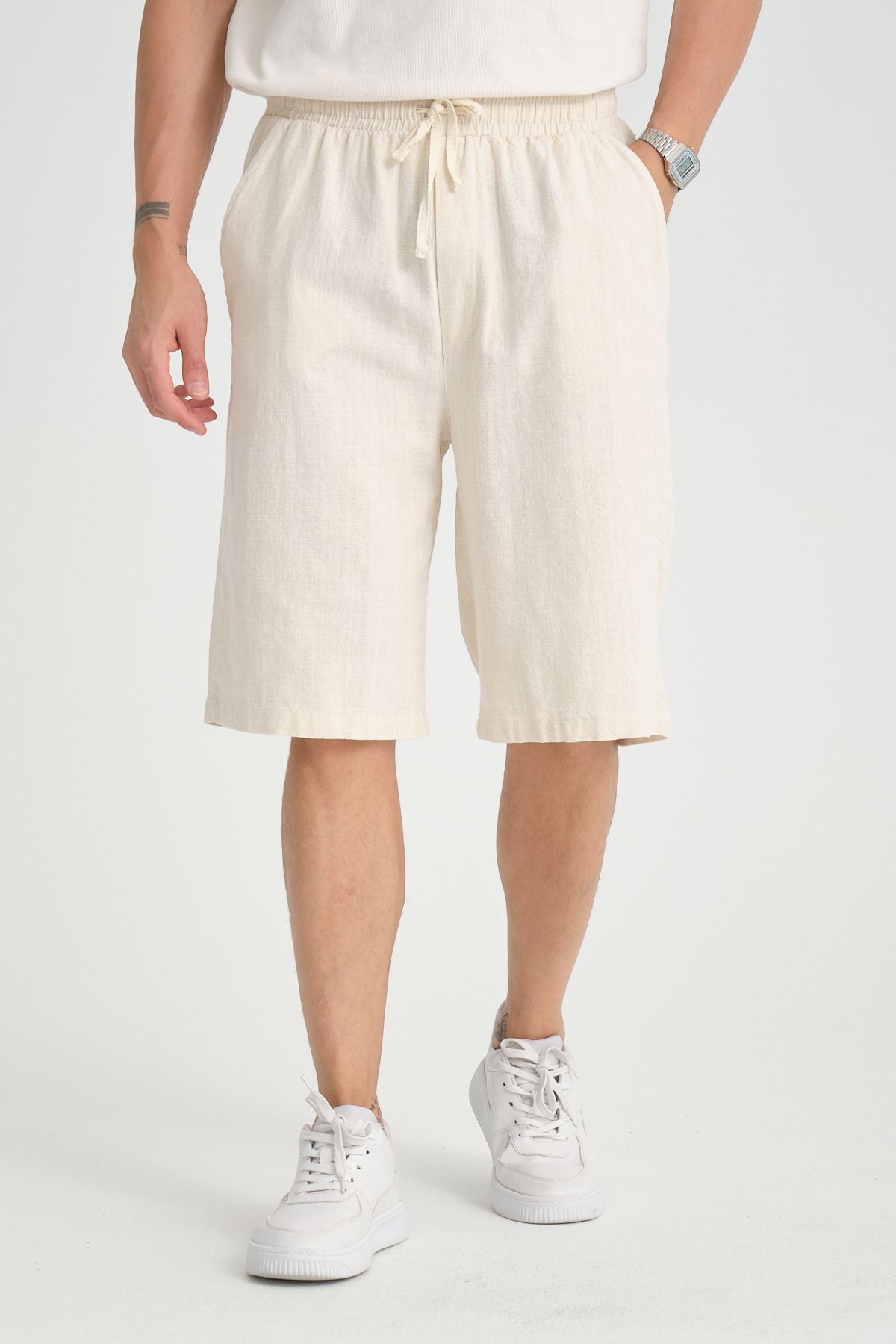 Erkek Baggy Fit Rahat Kesim %100 Pamuk Yumuşak Dokulu Şort Kapri Bej