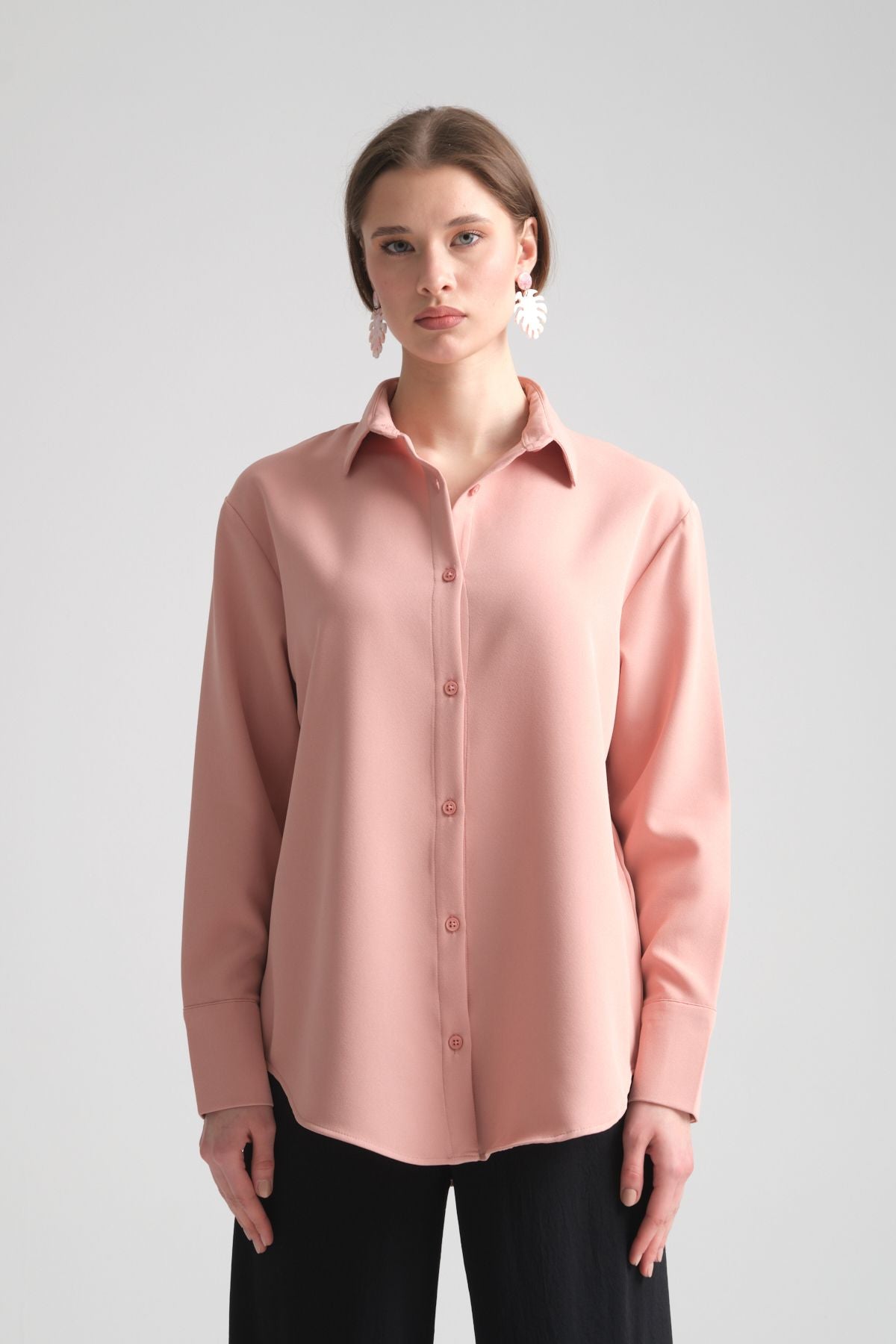 Pure Oversize Iç Göstermeyen Uzun Basic Kadın Gömlek Pembe