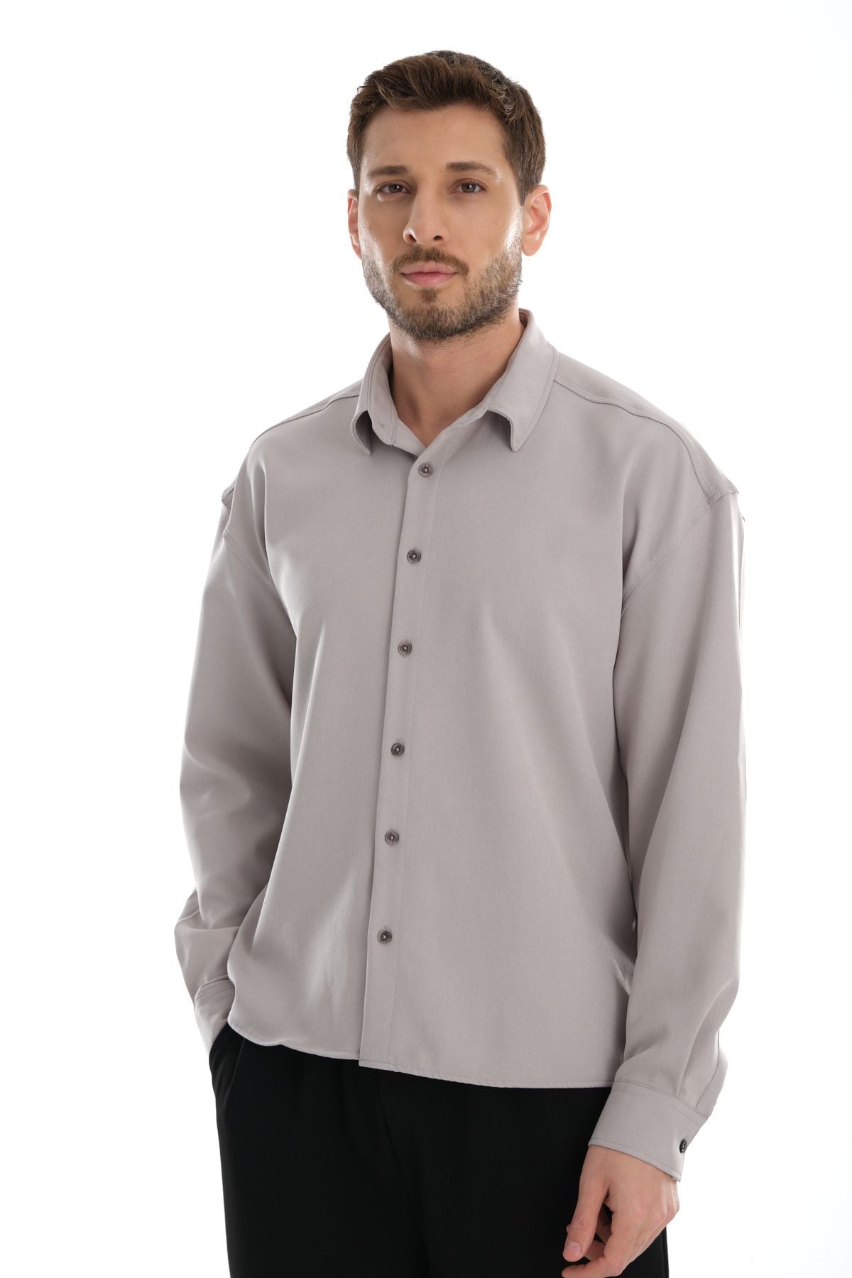 Base Oversize Kolay Ütü Gömlek Gri