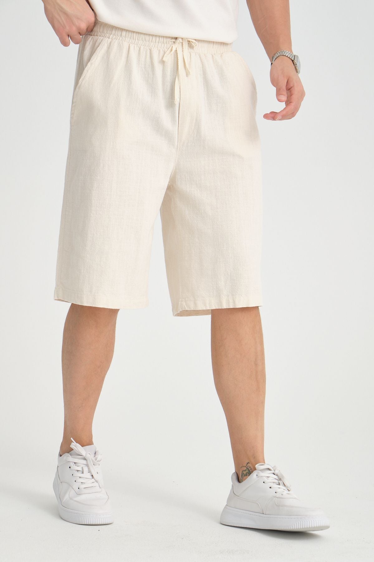 Erkek Baggy Fit Rahat Kesim %100 Pamuk Yumuşak Dokulu Şort Kapri Bej