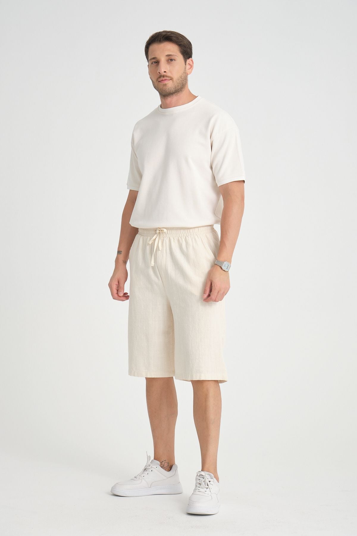 Erkek Baggy Fit Rahat Kesim %100 Pamuk Yumuşak Dokulu Şort Kapri Bej