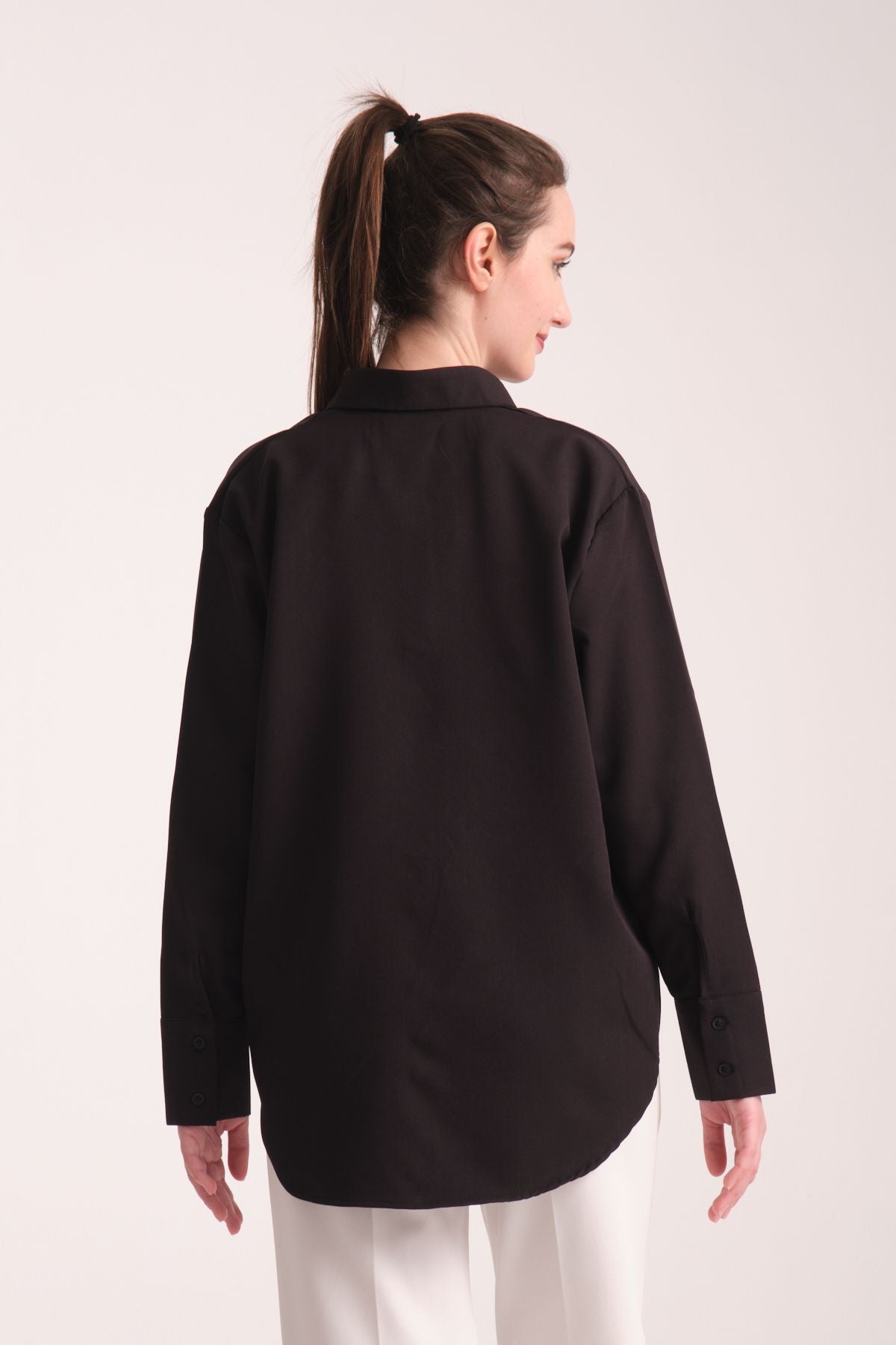 Pure Oversize Iç Göstermeyen Uzun Basic Kadın Gömlek Siyah