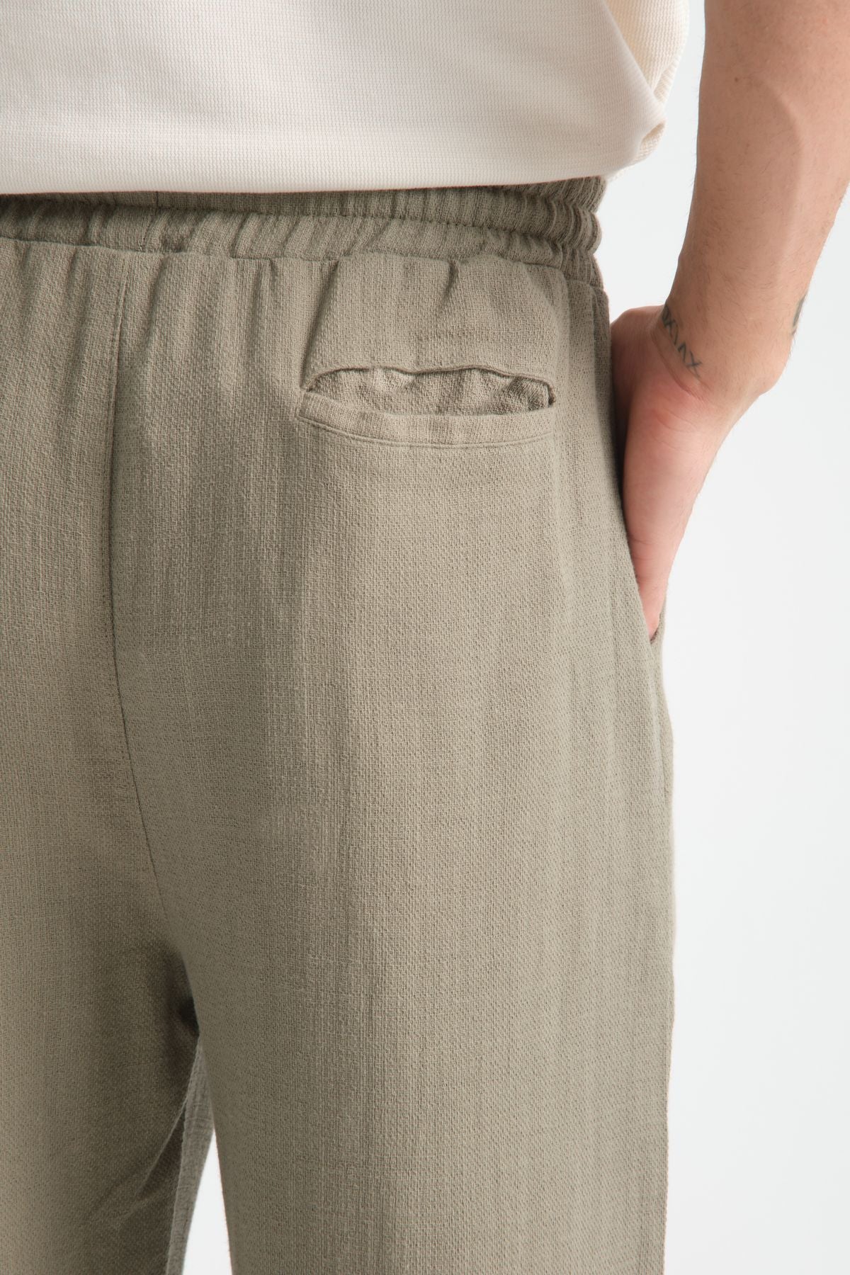 Thicked Erkek Kalın Baggy Keten Görünümlü Rahat Pantolon Bol Paça Yeni Sezon Haki