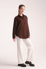 Pure Oversize Iç Göstermeyen Uzun Basic Kadın Gömlek Kahverengi