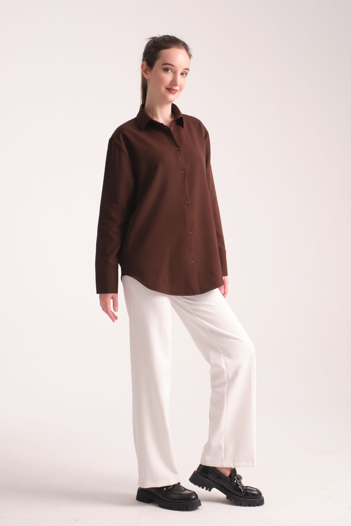 Pure Oversize Iç Göstermeyen Uzun Basic Kadın Gömlek Kahverengi