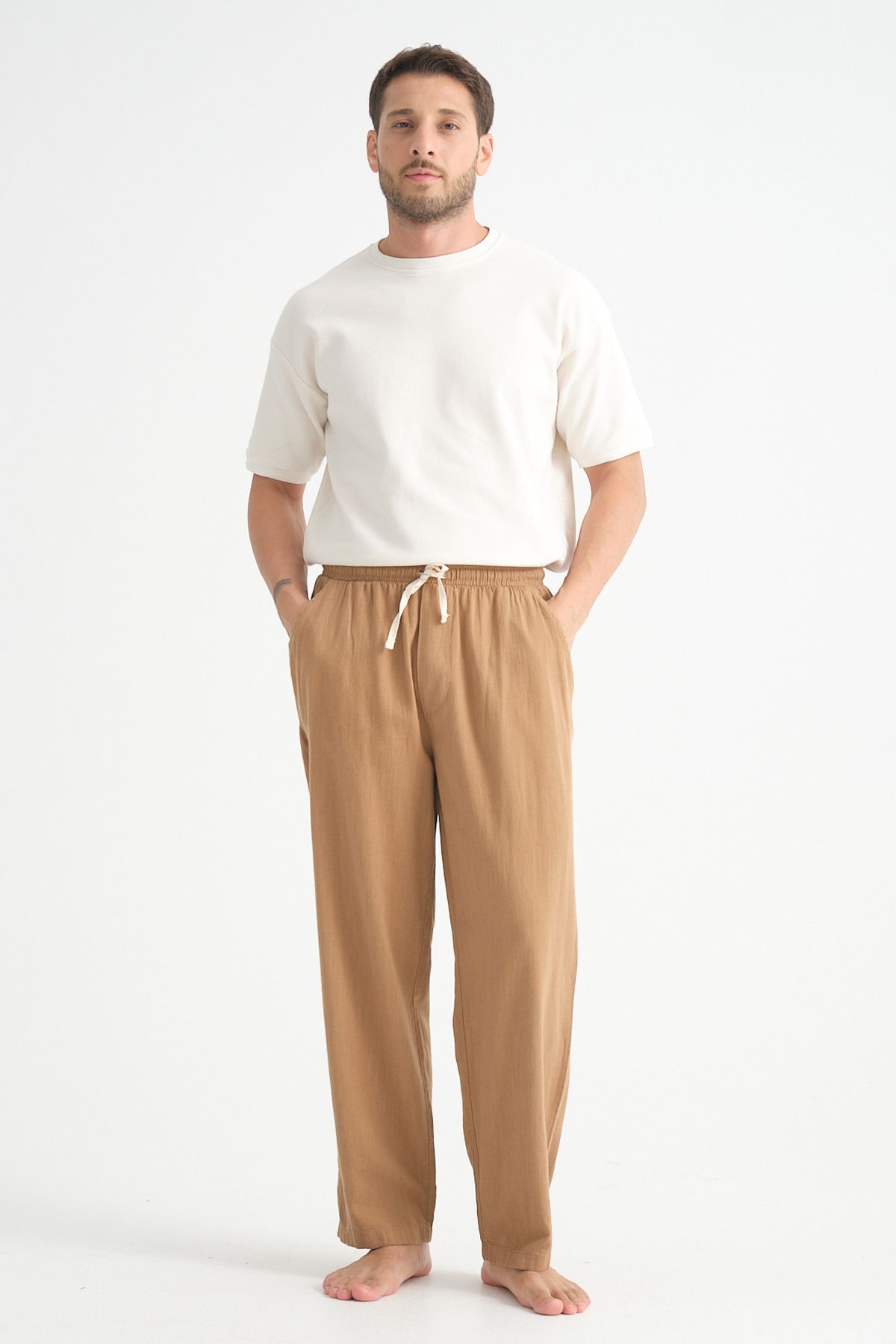 Luxe Baggy Keten Pantolon Taba