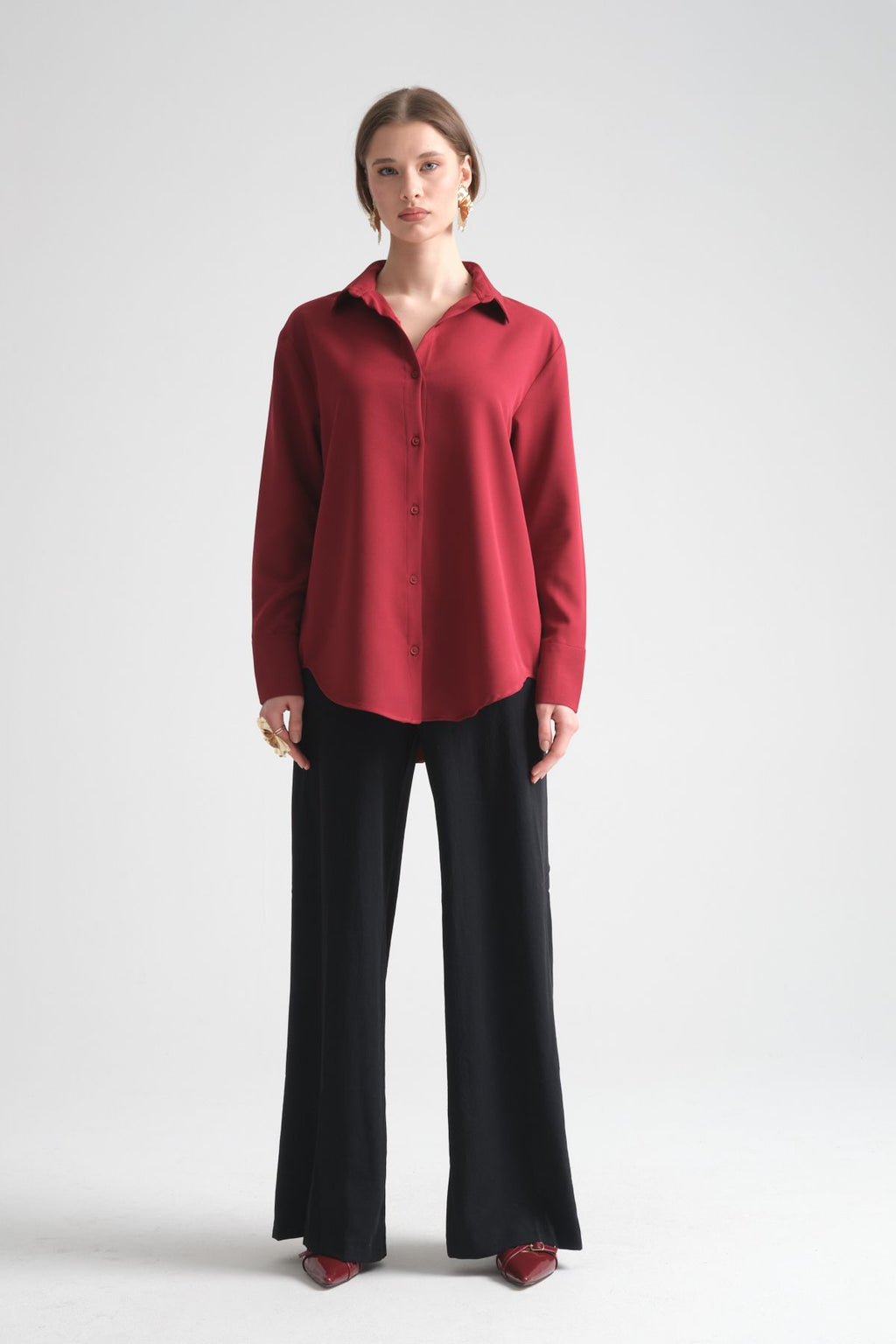 Pure Oversize Iç Göstermeyen Uzun Basic Kadın Gömlek Bordo