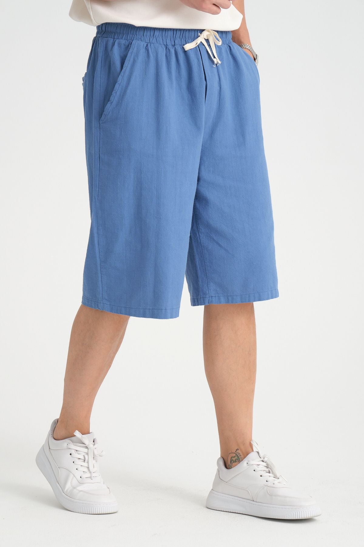 Erkek Baggy Fit Rahat Kesim %100 Pamuk Yumuşak Dokulu Şort Kapri İndigo