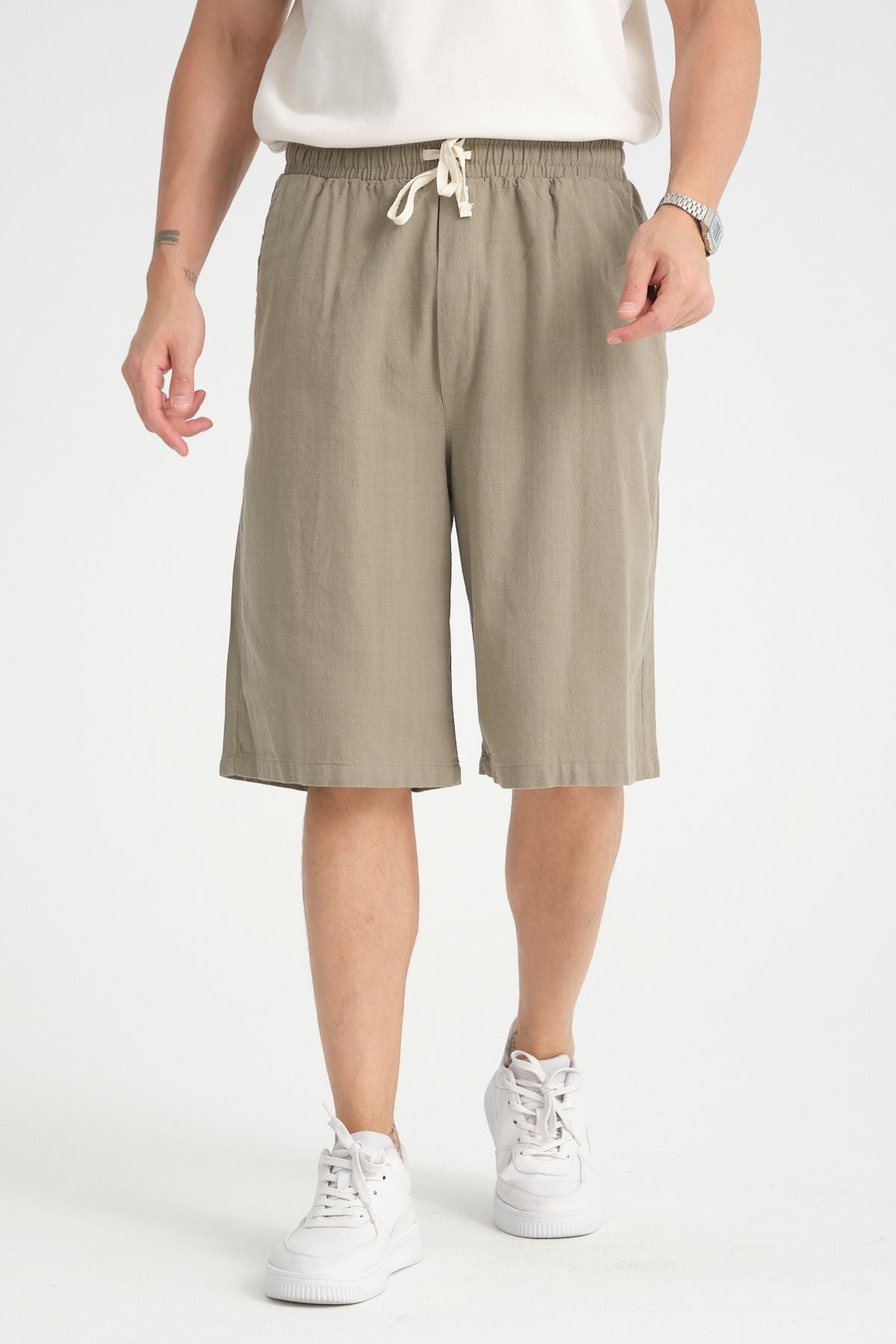 Erkek Baggy Fit Rahat Kesim %100 Pamuk Yumuşak Dokulu Şort Kapri Haki