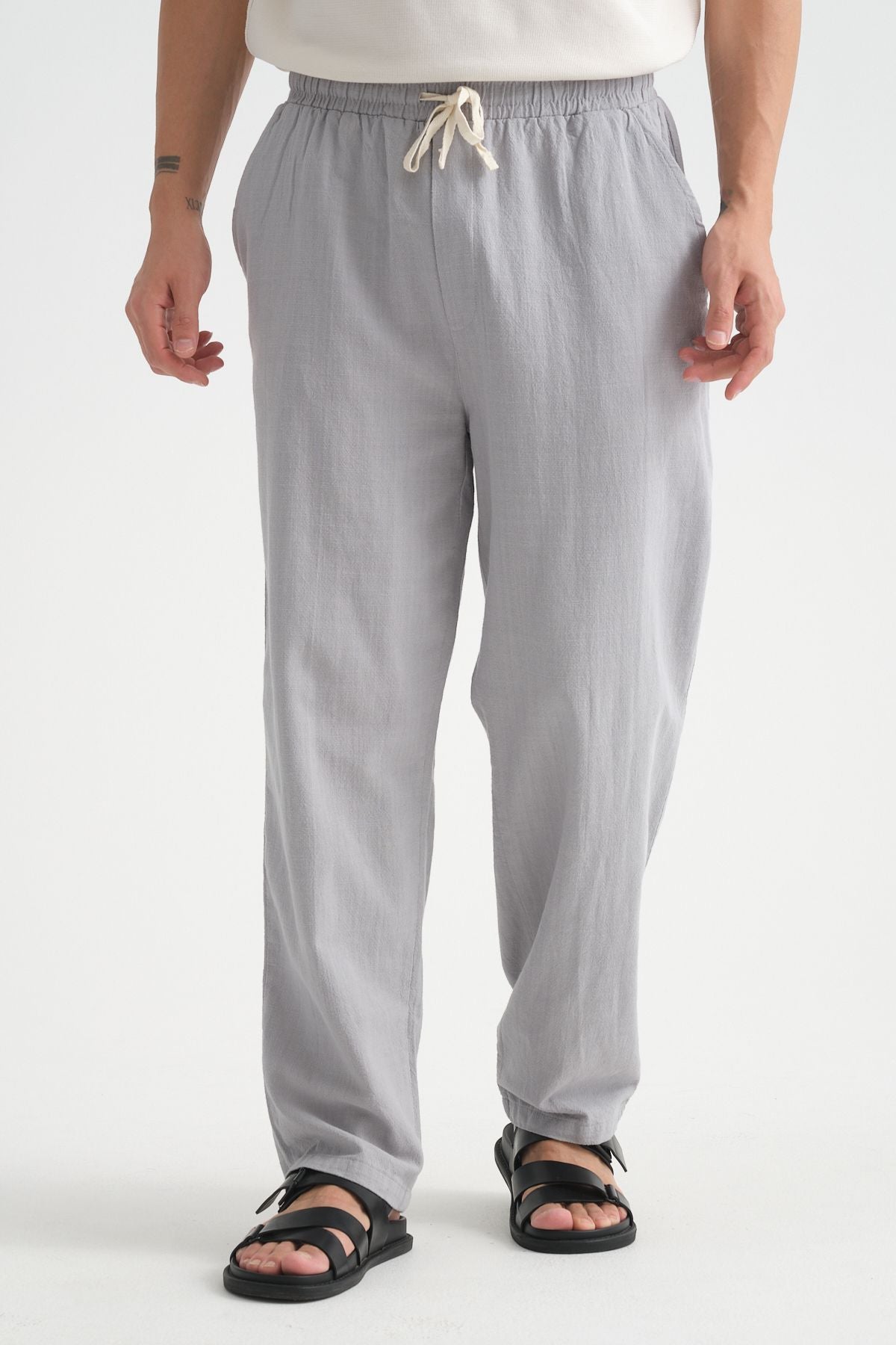 Comforted Erkek Baggy Keten Rahat Pantolon Bol Paça Yeni Sezon Gri