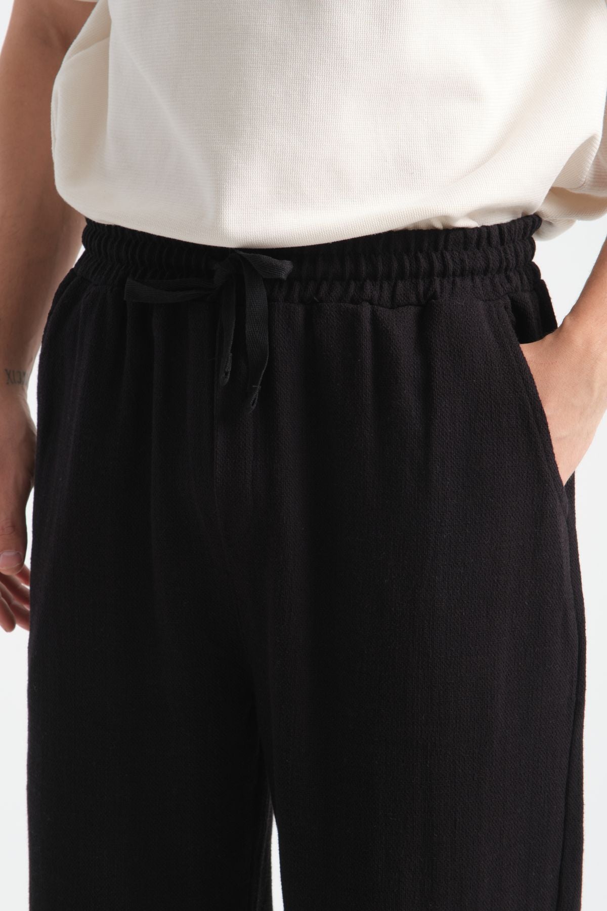 Thicked Erkek Kalın Baggy Keten Görünümlü Rahat Pantolon Bol Paça Yeni Sezon Siyah